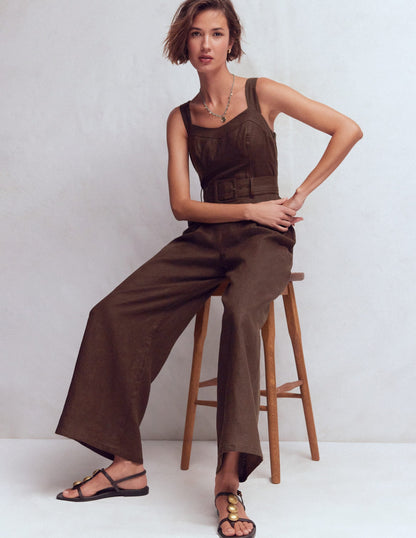 Panelled Bodice Linen Jumpsuit-Bitter Chocolate