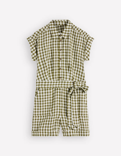 Kay Linen Playsuit-Olive, Ivory Gingham