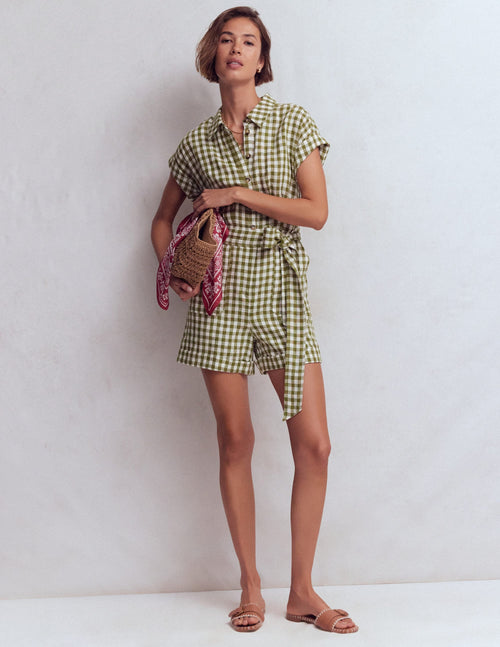 Kay Linen Playsuit-Olive, Ivory Gingham