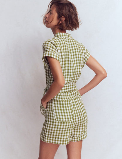 Kay Linen Playsuit-Olive, Ivory Gingham