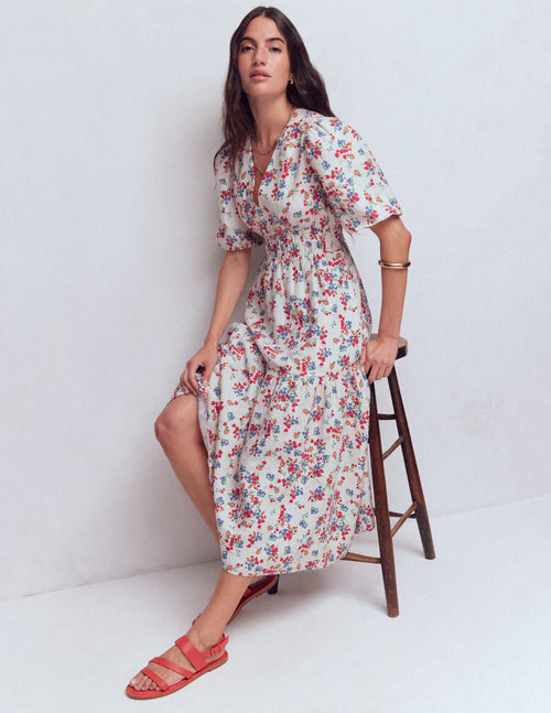 Irene Linen Midi Dress-Ivory, Bloom Scatter
