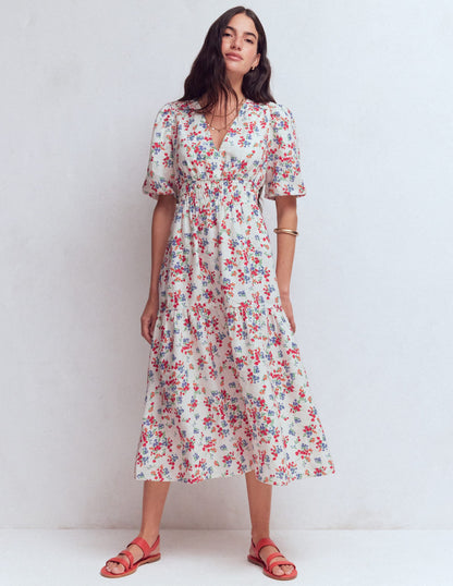 Irene Linen Midi Dress-Ivory, Bloom Scatter