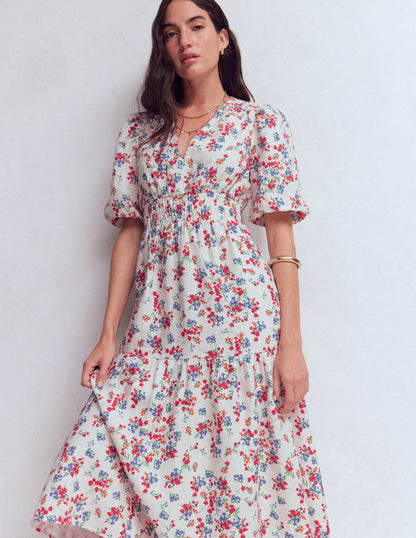Irene Linen Midi Dress-Ivory, Bloom Scatter