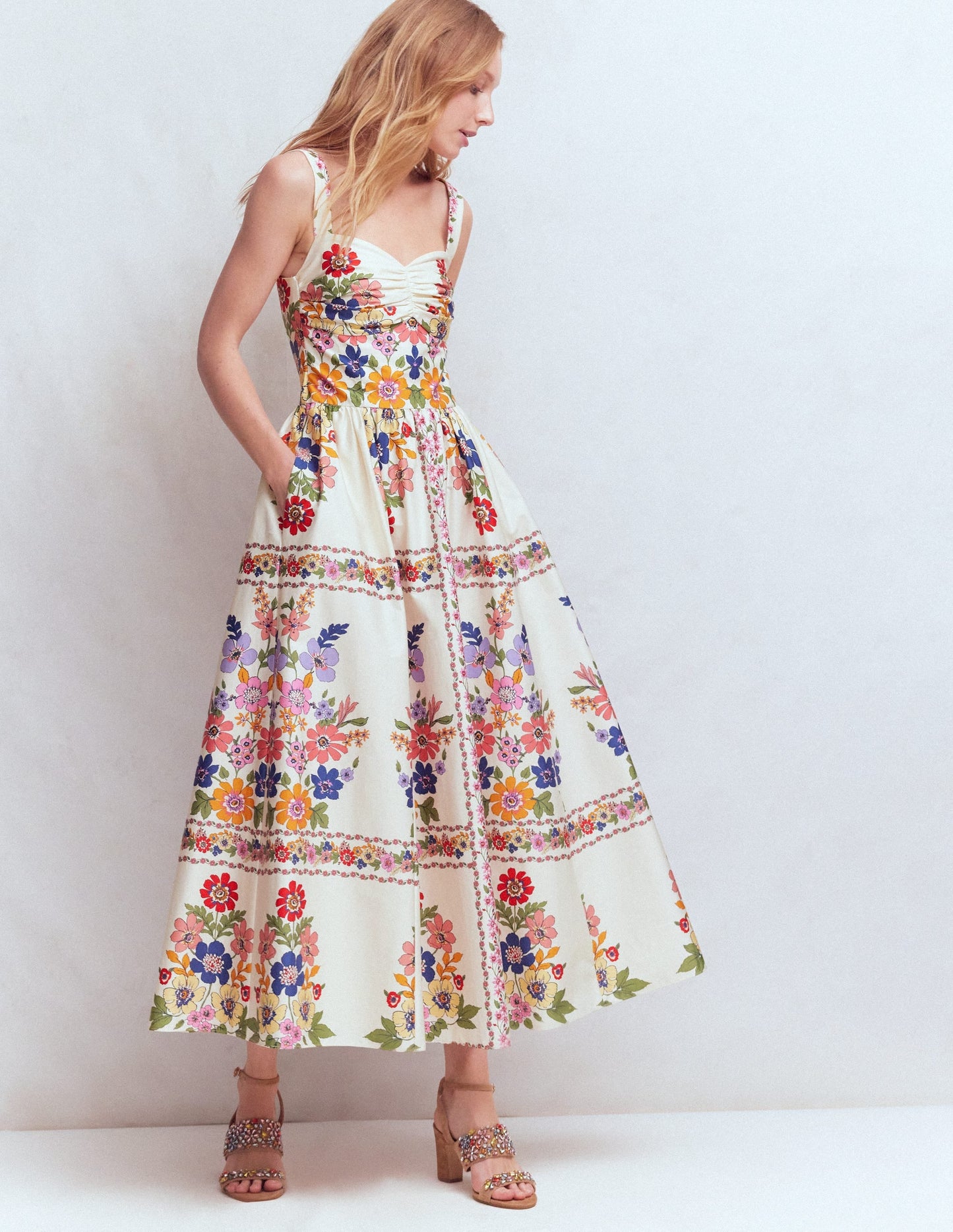 Fit and Flare Midi Dress-Multi Meadow Flowers Lattice
