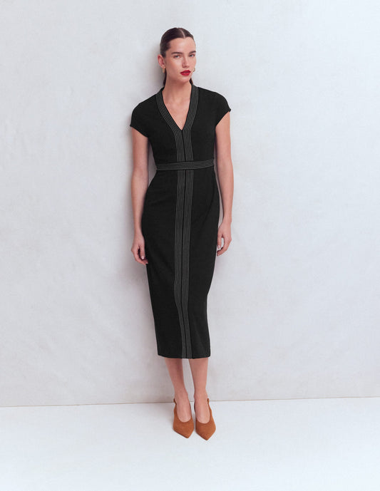 Topstitch V-neck Ponte Dress-Black