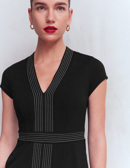Topstitch V-neck Ponte Dress-Black