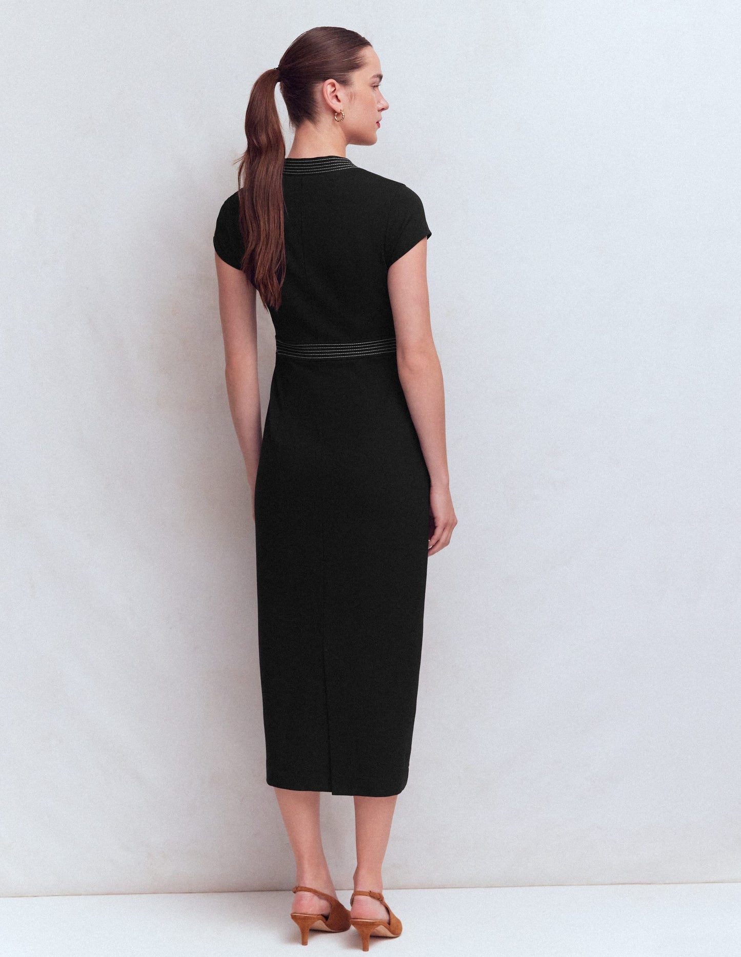 Topstitch V-neck Ponte Dress-Black