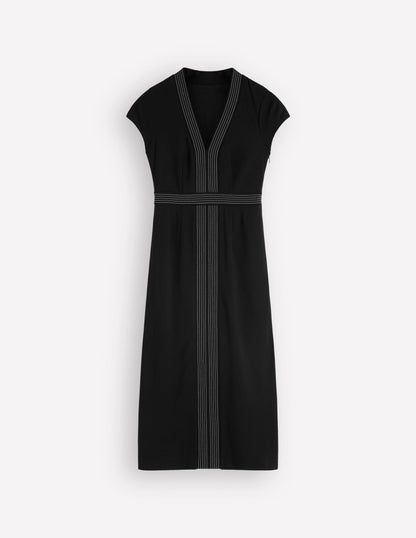 Topstitch V-neck Ponte Dress-Black