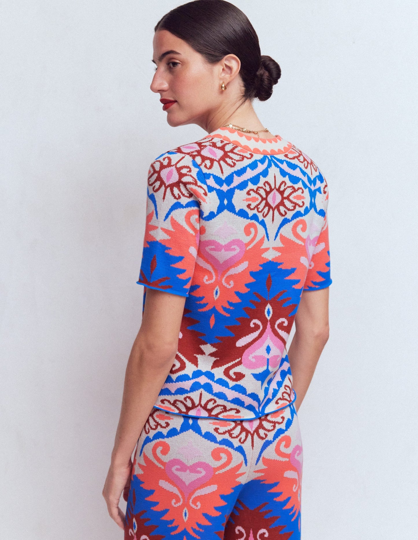 Short Sleeve Jacquard Cardigan-Aztec