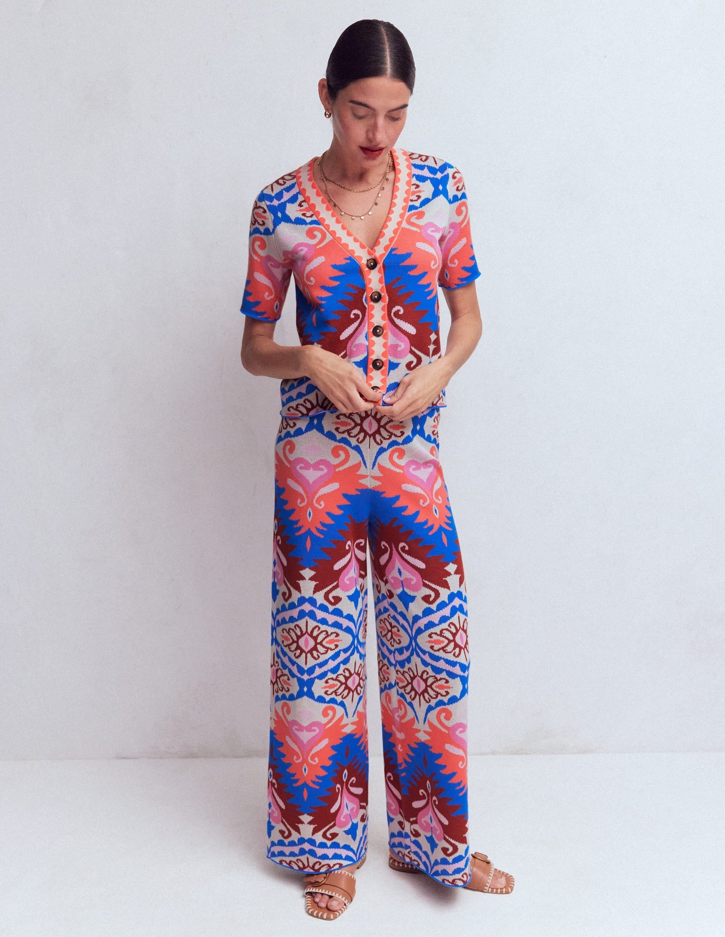 Short Sleeve Jacquard Cardigan-Aztec