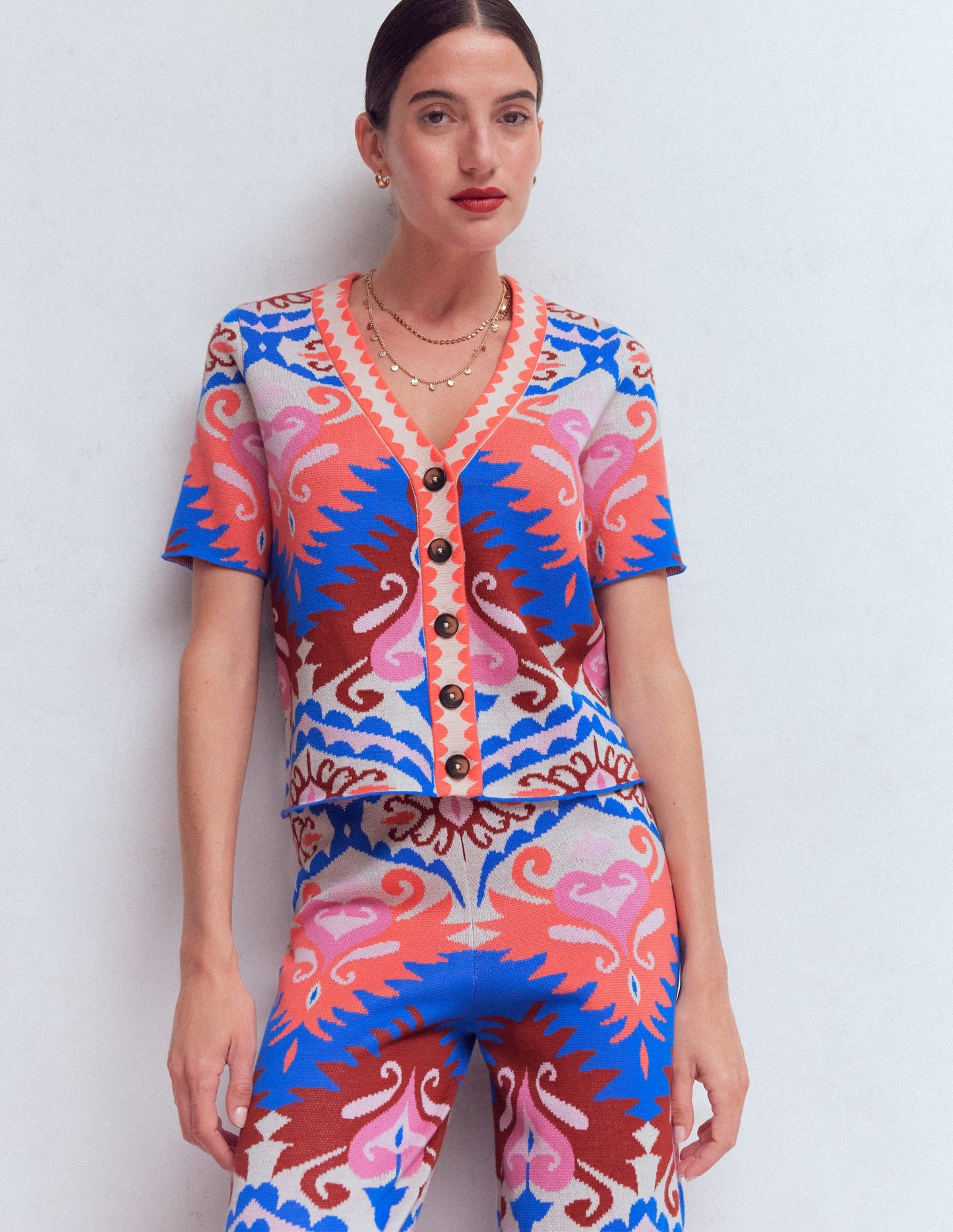 Short Sleeve Jacquard Cardigan-Aztec