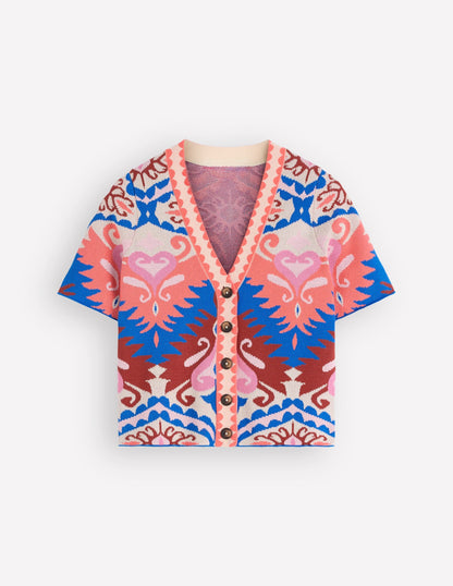 Short Sleeve Jacquard Cardigan-Aztec