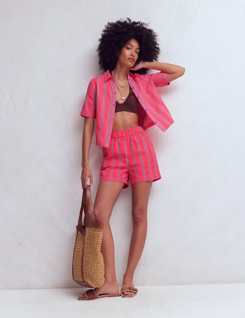 Pull On Double Cloth Shorts-Pink, Neon Coral Mid Stripe
