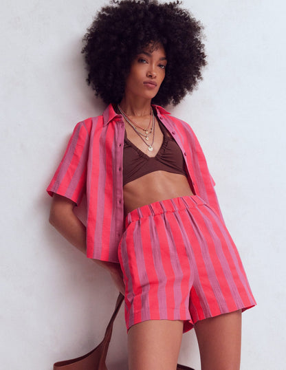 Pull On Double Cloth Shorts-Pink, Neon Coral Mid Stripe