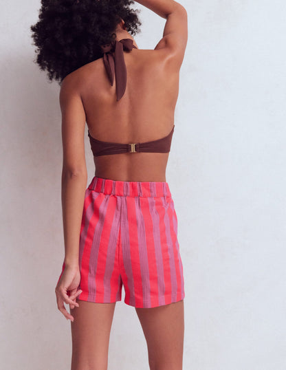 Pull On Double Cloth Shorts-Pink, Neon Coral Mid Stripe