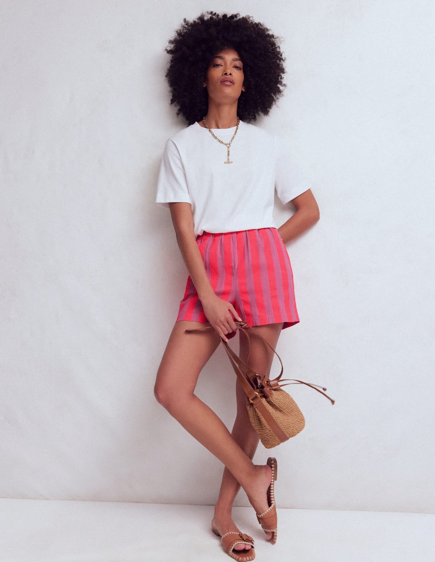 Pull On Double Cloth Shorts-Pink, Neon Coral Mid Stripe