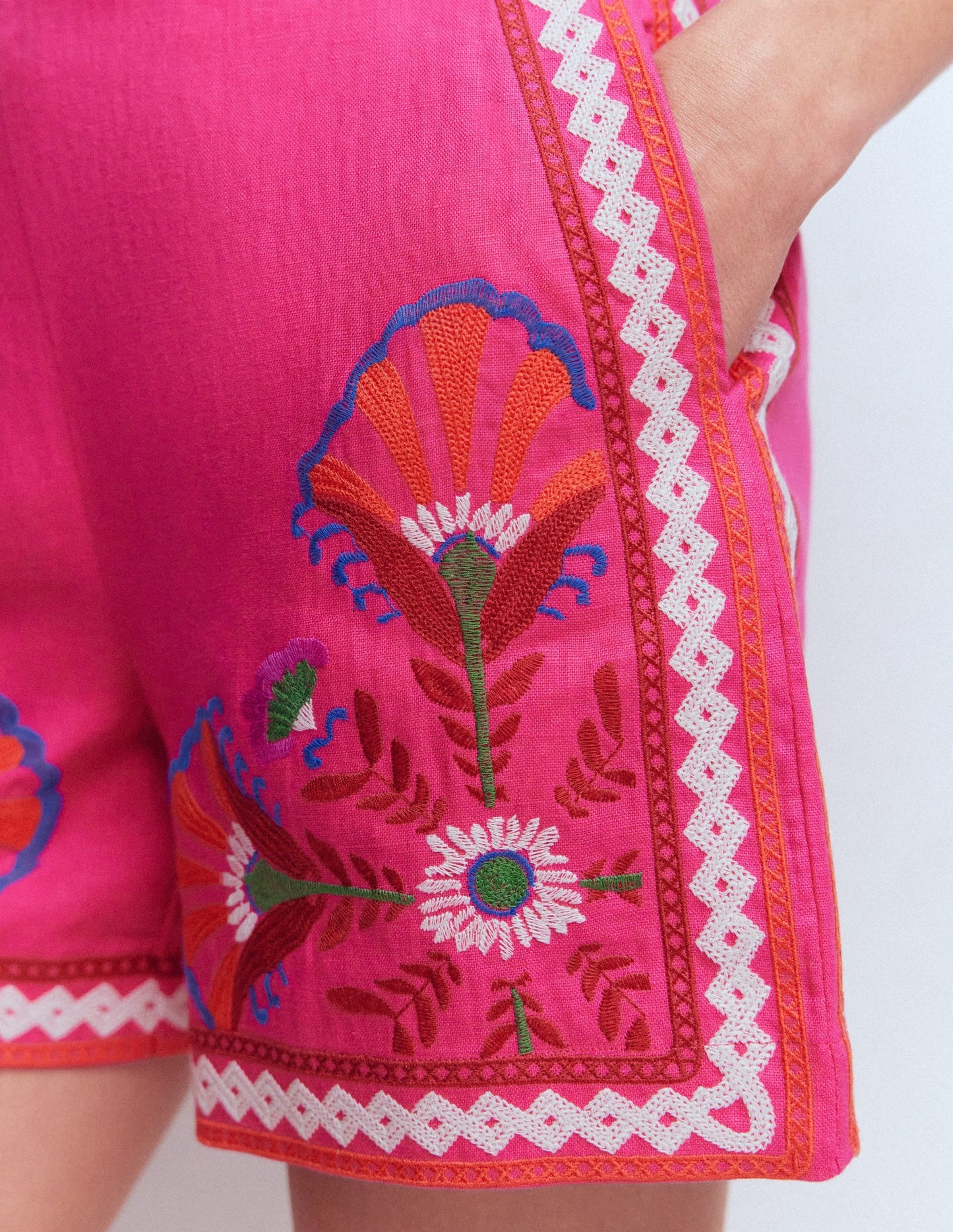 Embroidered Linen Shorts-Pink Peony, Embroidered