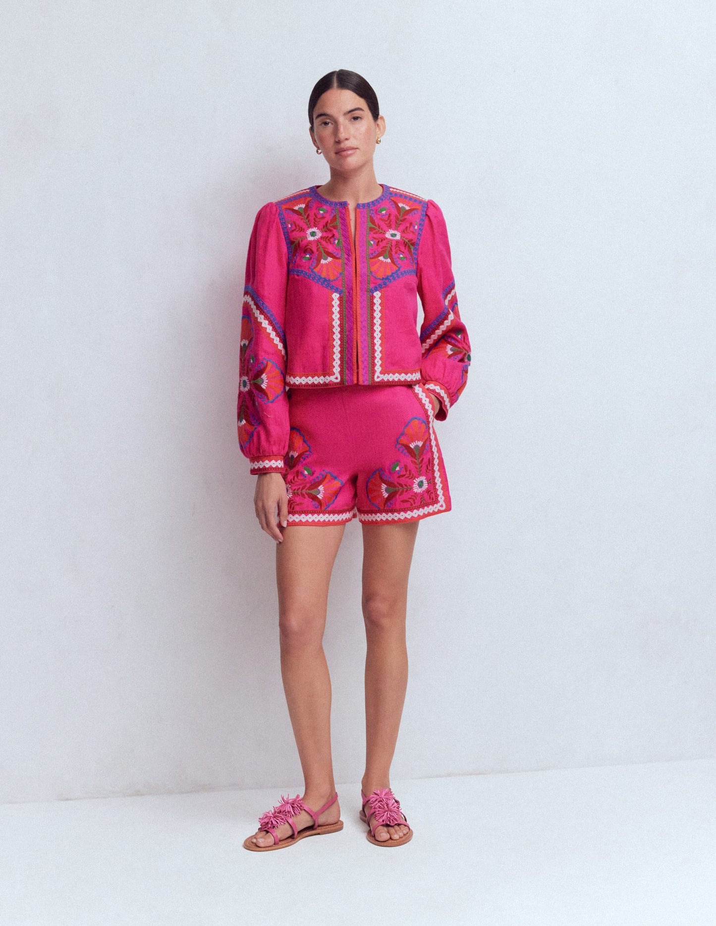Embroidered Linen Shorts-Pink Peony, Embroidered