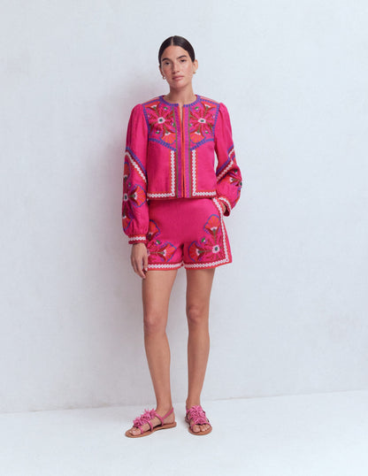 Embroidered Linen Shorts-Pink Peony, Embroidered