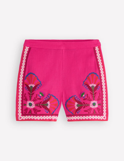 Embroidered Linen Shorts-Pink Peony, Embroidered