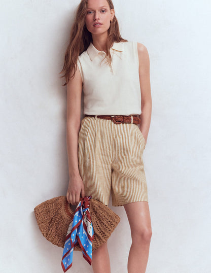 Chelsea Belted Linen Shorts-Brown, Ivory Ticking Stripe