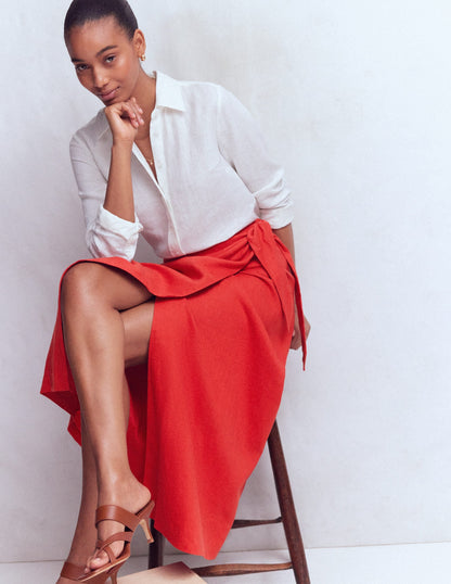 Dimitra Linen Column Skirt-Red Coral