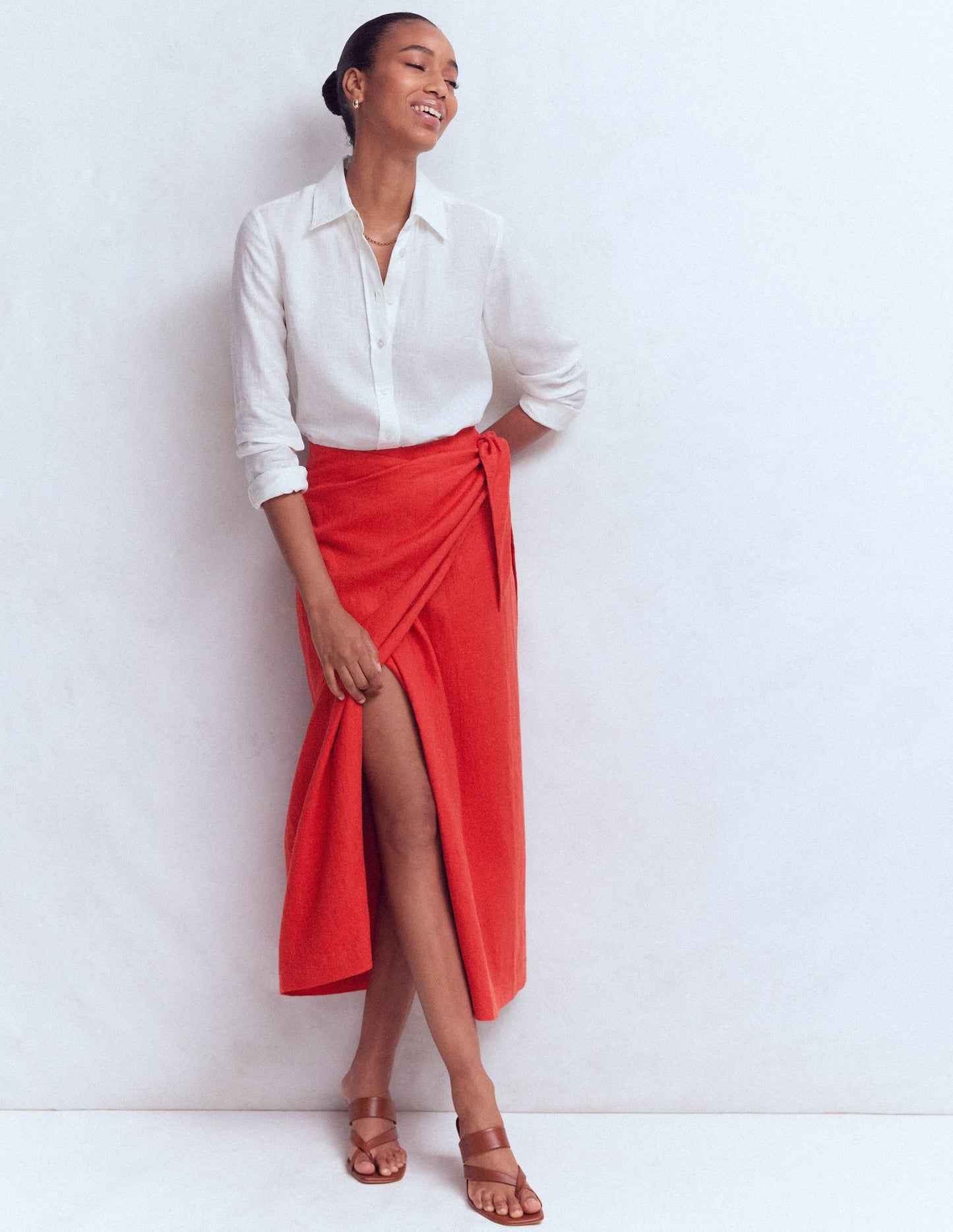 Dimitra Linen Column Skirt-Red Coral