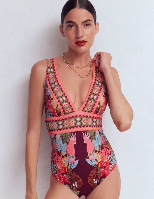 Porto V-neck Swimsuit-Chocberry, Tropical Safari
