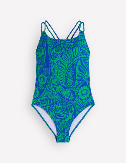 Twist Strap Swimsuit-Blue, Enchanted Paisley