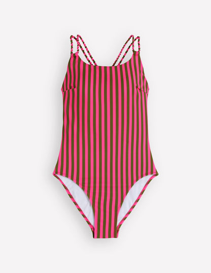 Twist Strap Swimsuit-Pink, Khaki Stripe