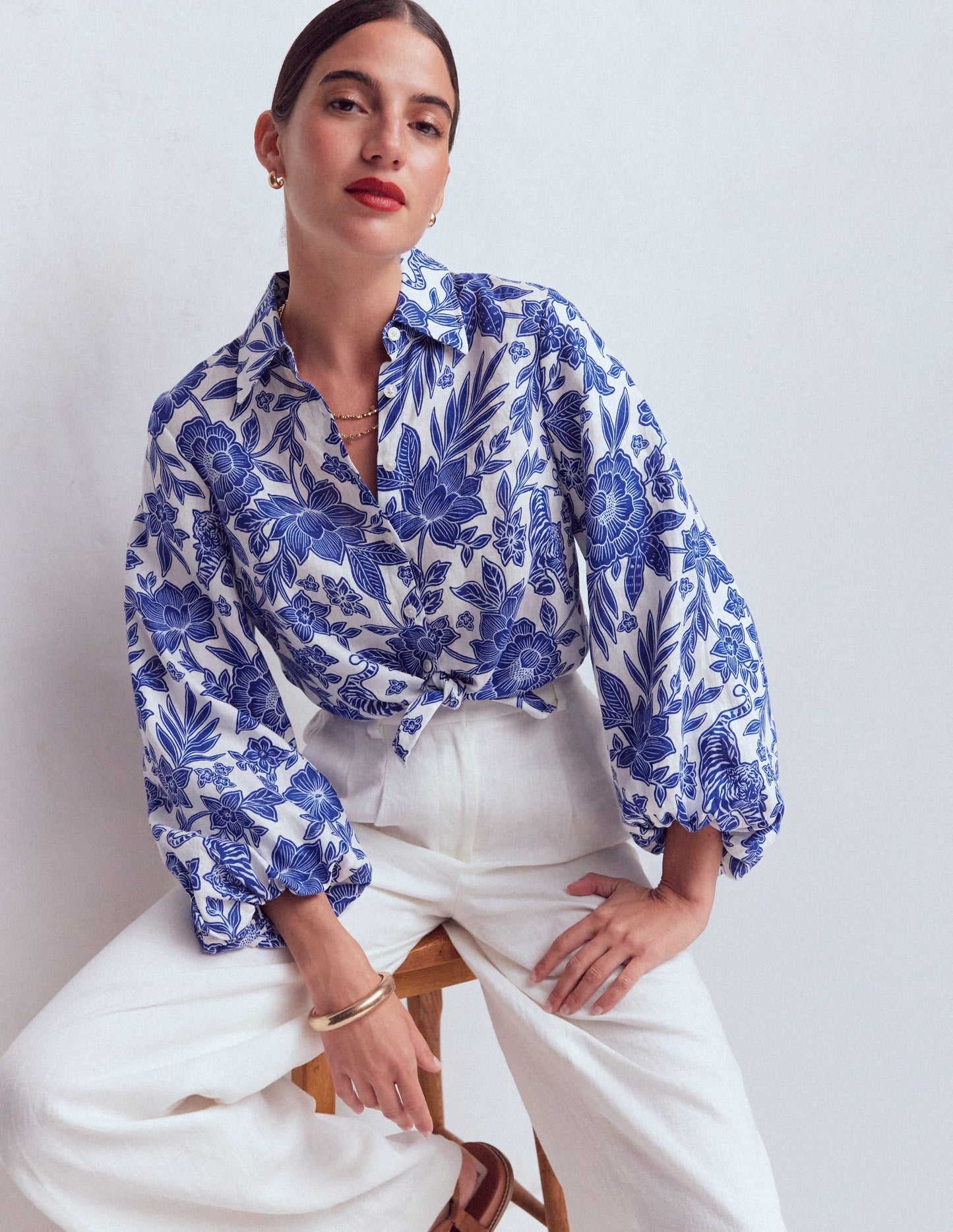 Puff Sleeve Linen Shirt-Sapphire Blue, Tigers Paradise