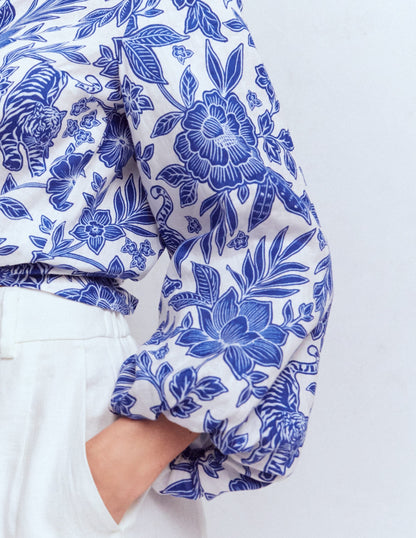 Puff Sleeve Linen Shirt-Sapphire Blue, Tigers Paradise