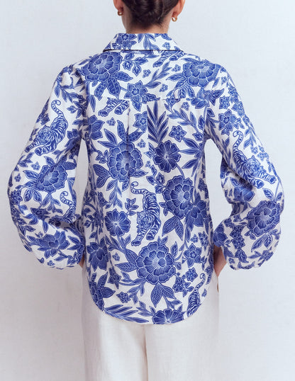 Puff Sleeve Linen Shirt-Sapphire Blue, Tigers Paradise