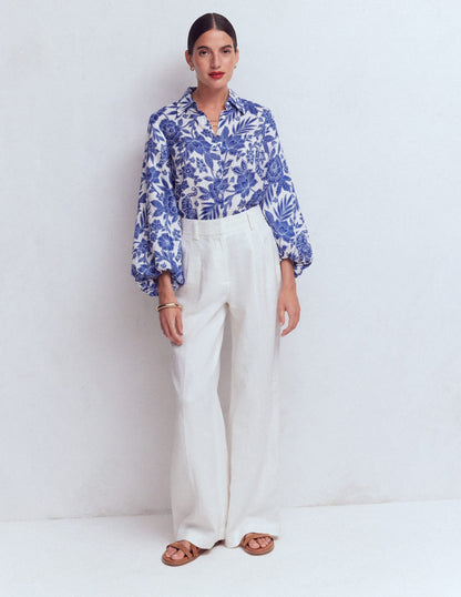 Puff Sleeve Linen Shirt-Sapphire Blue, Tigers Paradise