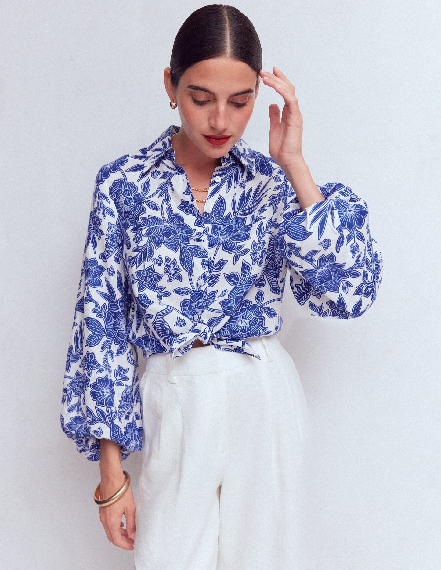 Puff Sleeve Linen Shirt-Sapphire Blue, Tigers Paradise