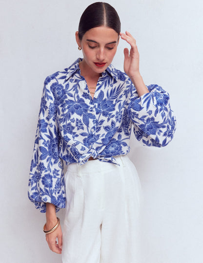 Puff Sleeve Linen Shirt-Sapphire Blue, Tigers Paradise