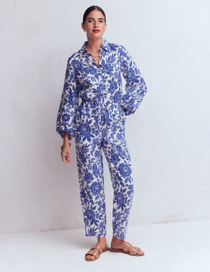 Puff Sleeve Linen Shirt-Sapphire Blue, Tigers Paradise