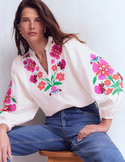 Embroidered Notch Neck Top-Placement Floral Embroidery