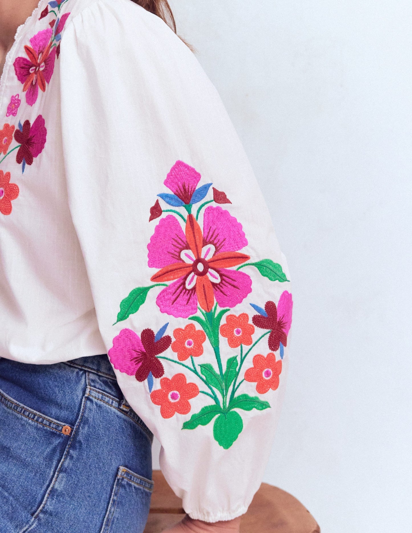 Embroidered Notch Neck Top-Placement Floral Embroidery