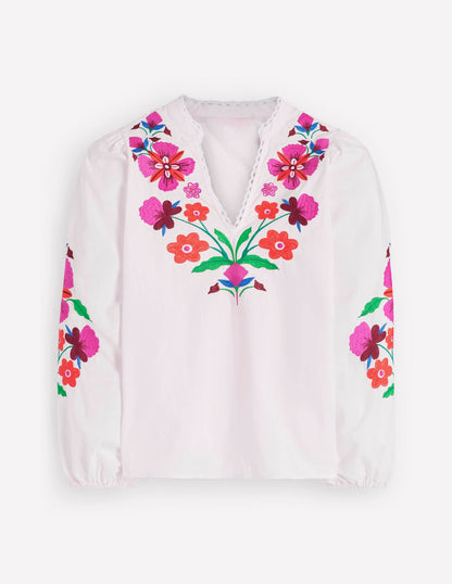 Embroidered Notch Neck Top-Placement Floral Embroidery