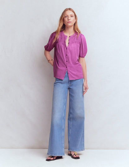 Mya Short Sleeve Smocked Shirt-Clover Purple