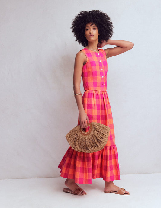 Andrea Linen Shell Top-Zesty Orange, Pink Gingham