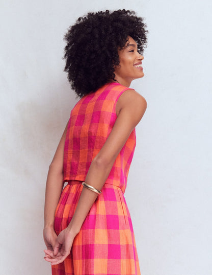 Andrea Linen Shell Top-Zesty Orange, Pink Gingham