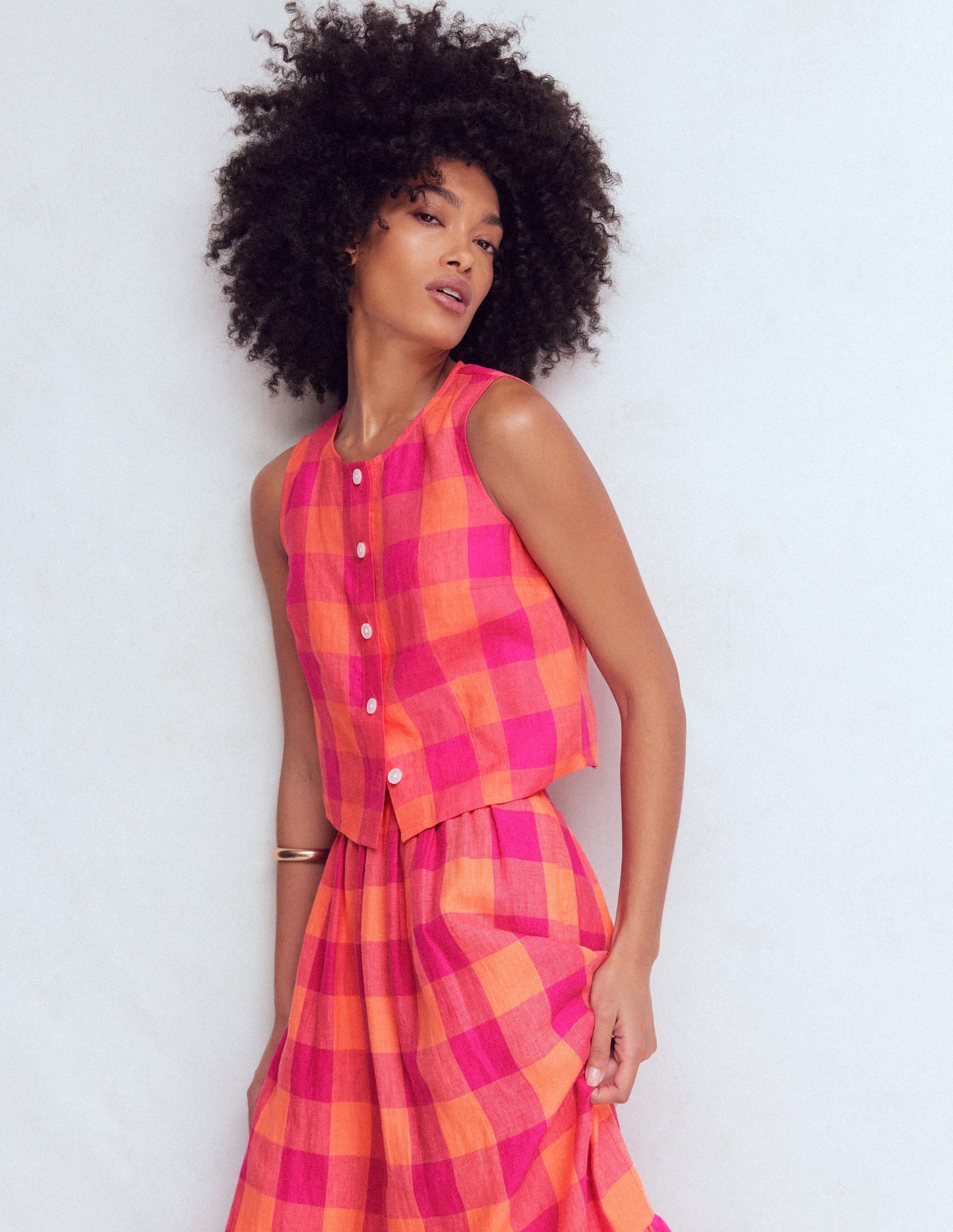 Andrea Linen Shell Top-Zesty Orange, Pink Gingham