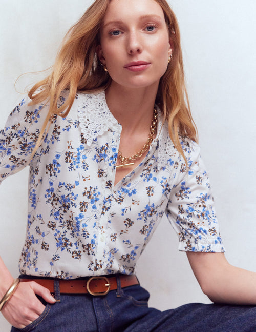 Nessa Broderie Collar Blouse-Ivory, Blue Bloom Scatter