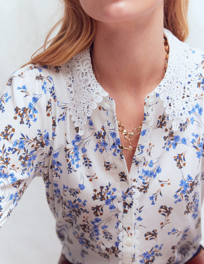 Nessa Broderie Collar Blouse-Ivory, Blue Bloom Scatter
