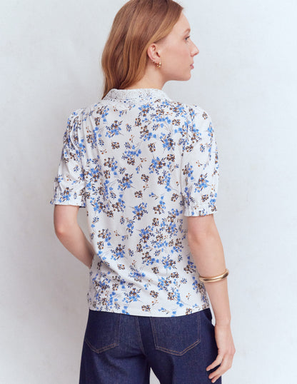 Nessa Broderie Collar Blouse-Ivory, Blue Bloom Scatter