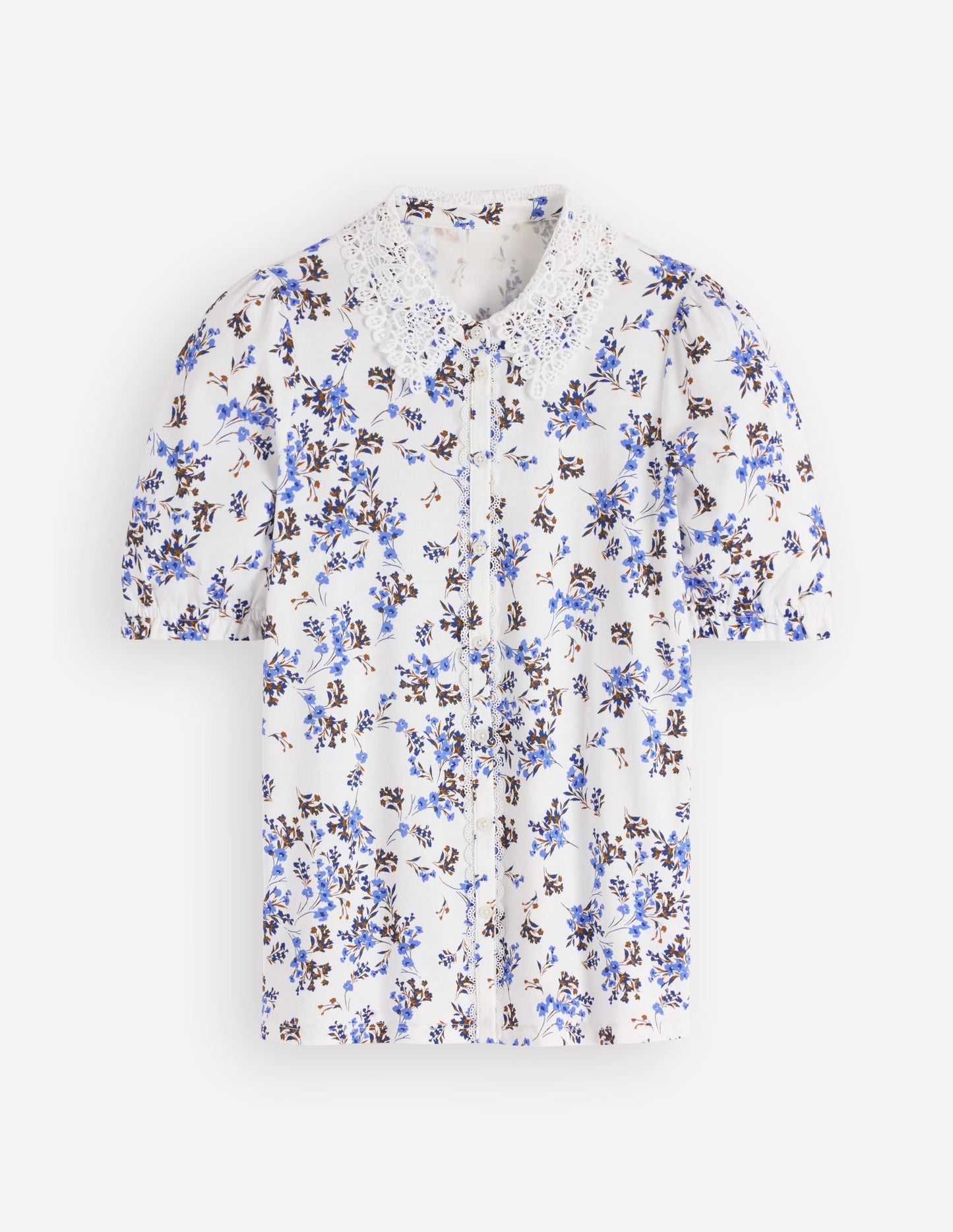 Nessa Broderie Collar Blouse-Ivory, Blue Bloom Scatter