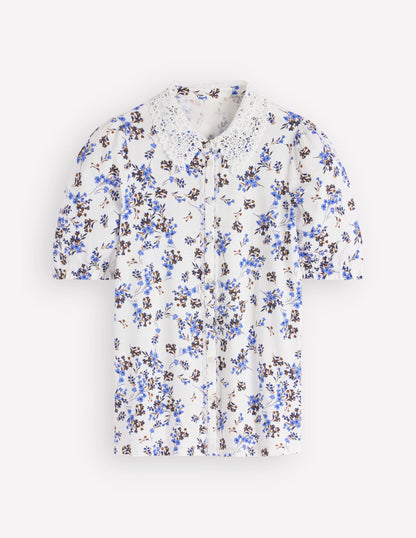 Nessa Broderie Collar Blouse-Ivory, Blue Bloom Scatter