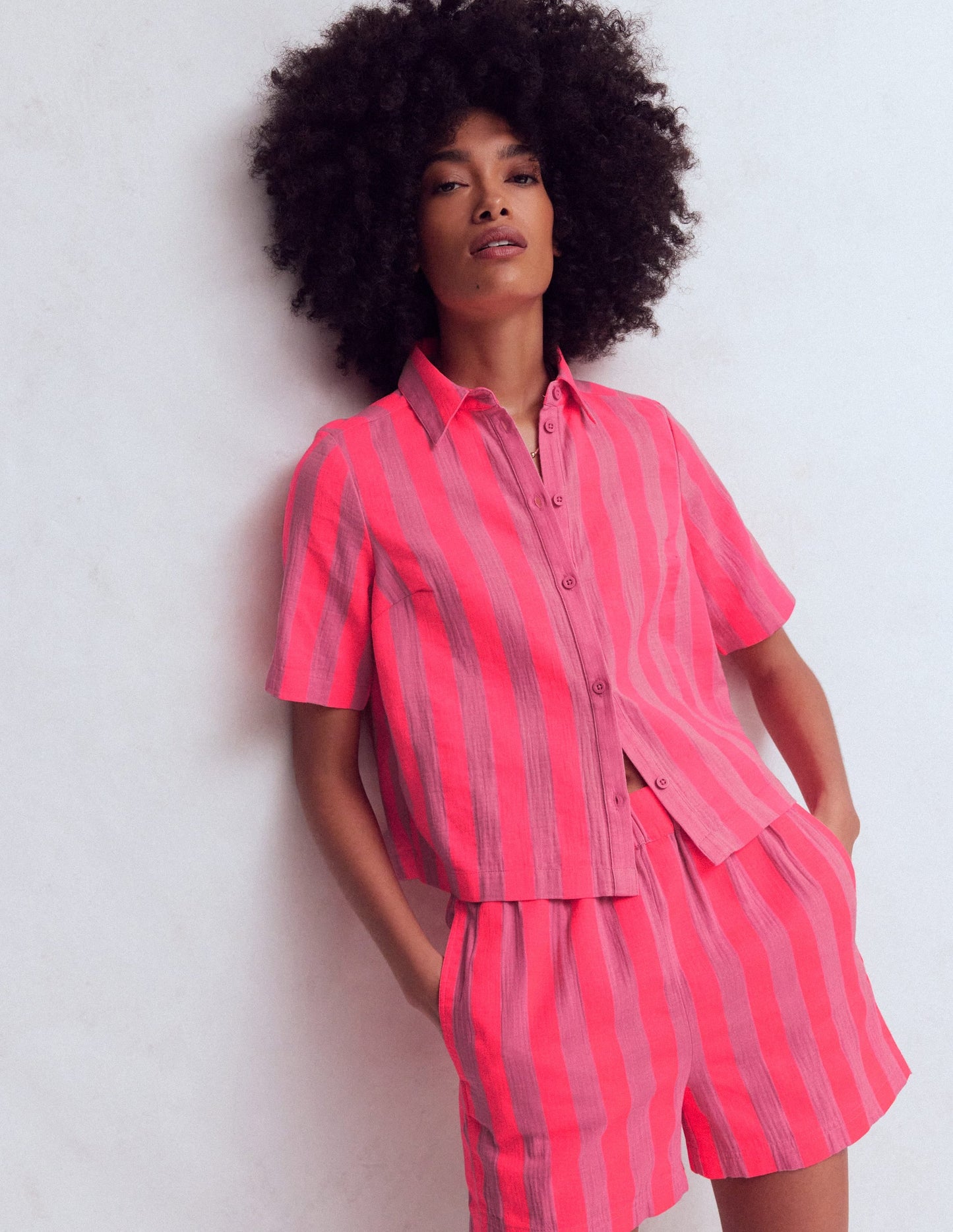 Double Cloth Shirt-Pink, Neon Coral Mid Stripe